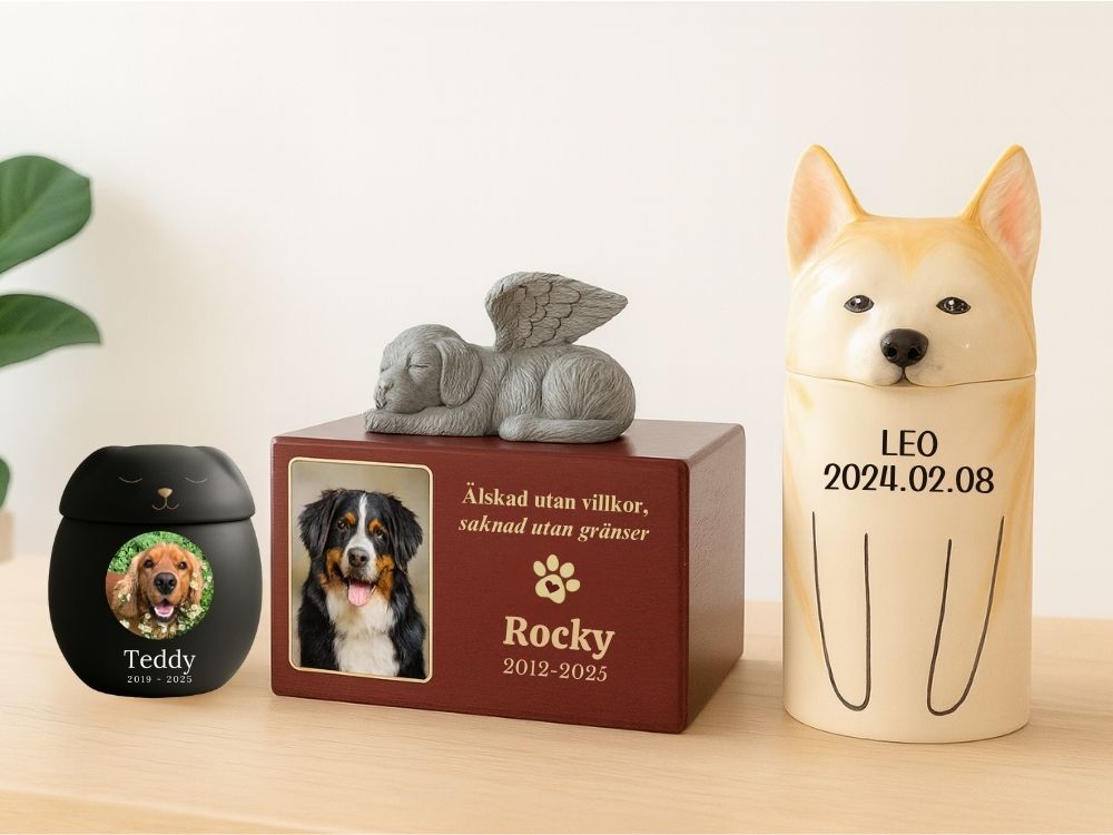 Tre hundurnor på ett bord för Teddy, Tommy och Kobe som visar olika stilar och storlekar för husdjursaska och minnesstunder.