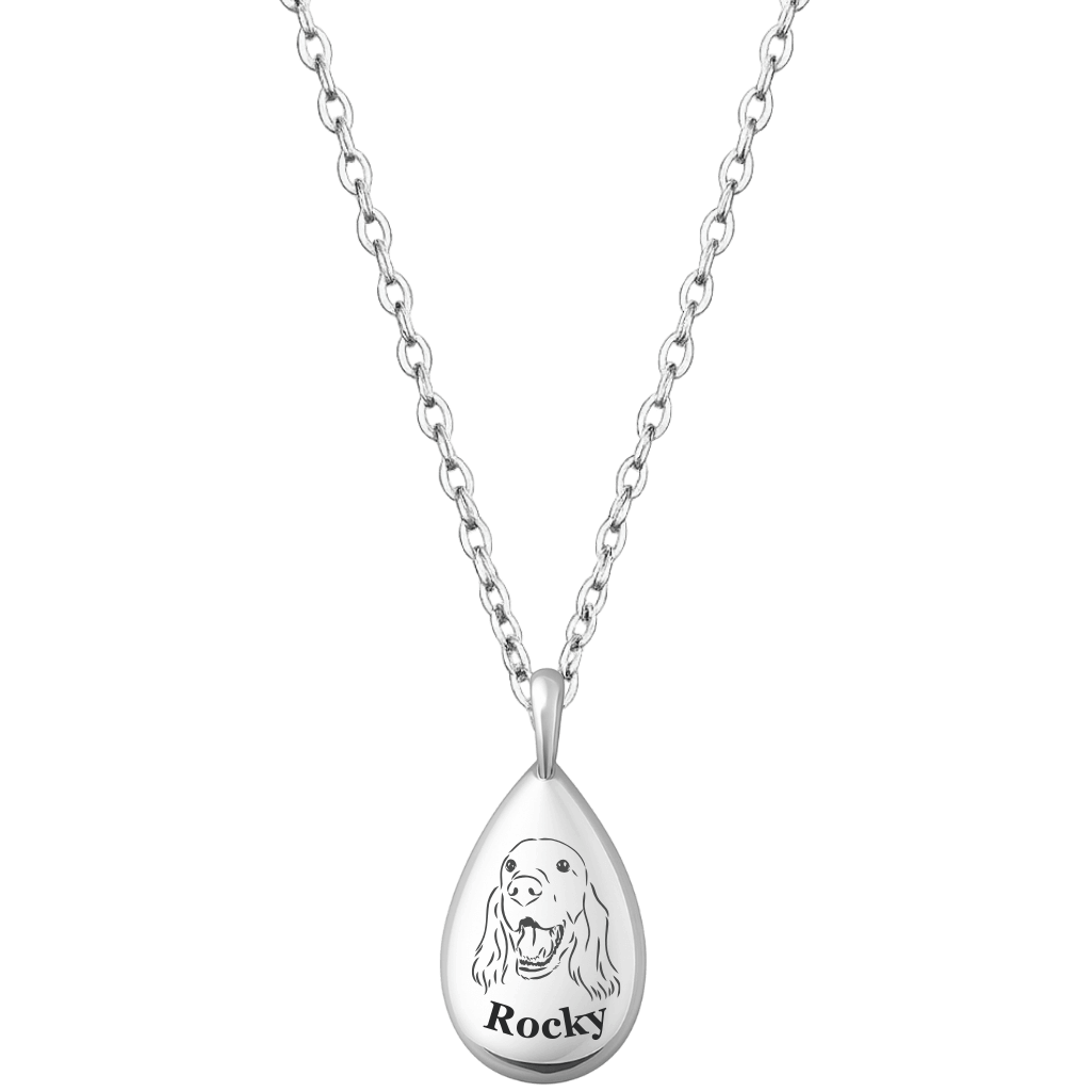 Personalised Dog Memorial Teardrop Urn Necklace – Engraved Pet Picture-to-drawing Ashes Keepsake with Name