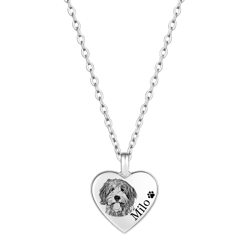 Personalised Dog Memorial Heart Urn Necklace – Engraved Pet Picture-to-drawing Ashes Keepsake with Name
