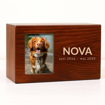 Personlig hundurna med trälåda och foto —...