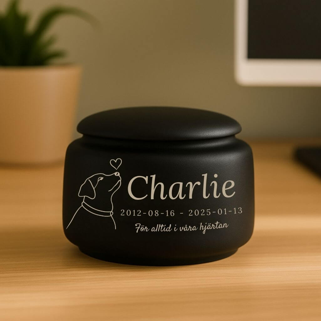 Personlig, keramisk hundurna — urna för husdjurskremering med namn, datum, minimalistisk hundillustration & hyllning
