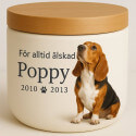 Personlig, keramisk hundurna med foto — urna för husdjurskremering med namn, datum & hyllning