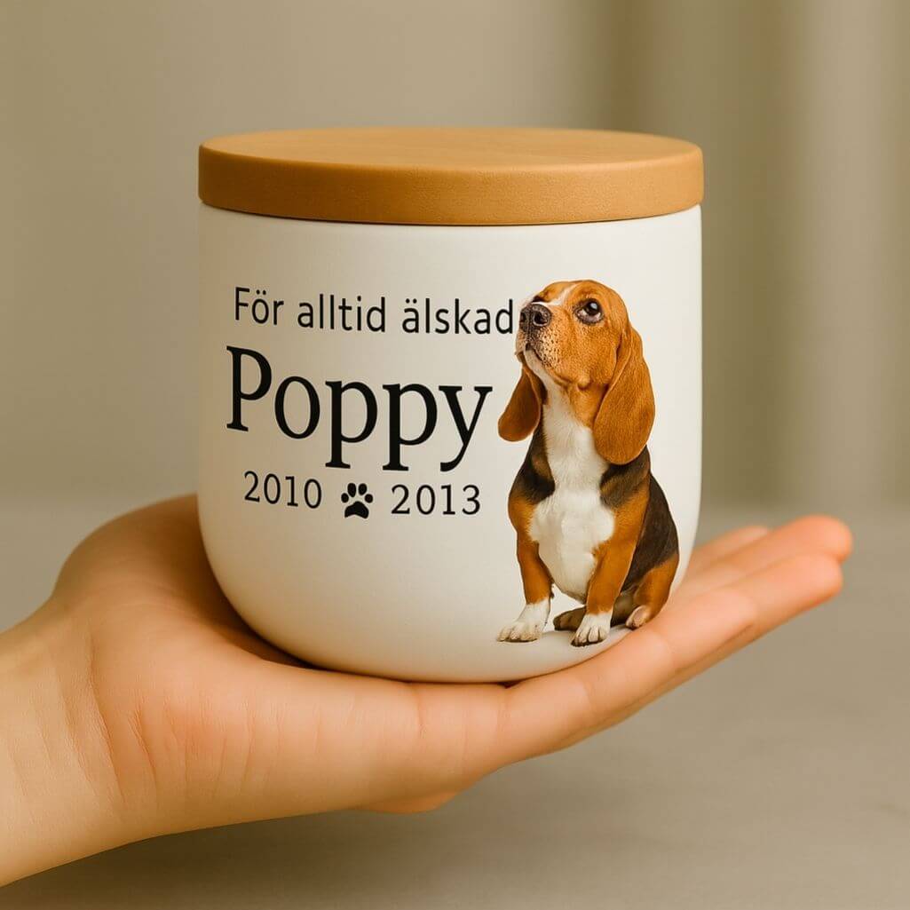 Personlig, keramisk hundurna med foto — urna för husdjurskremering med namn, datum & hyllning