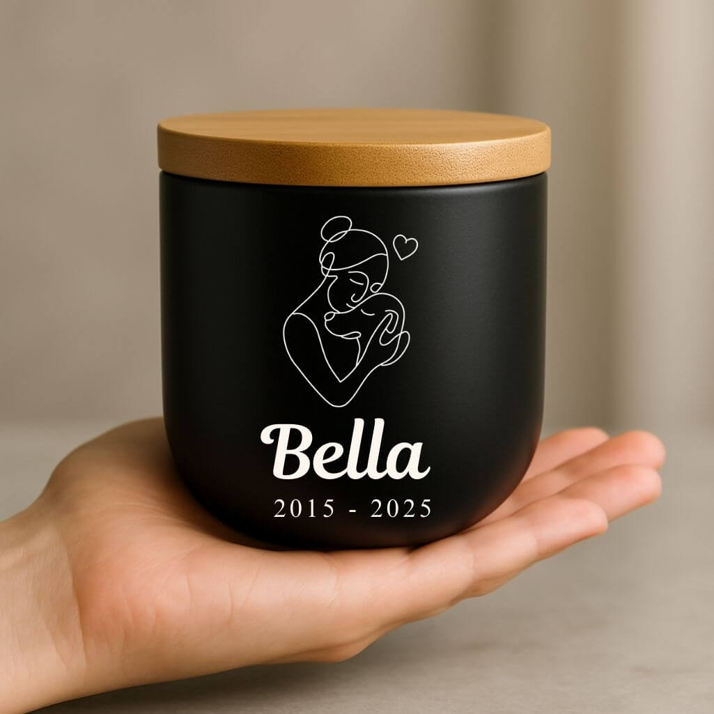 Personlig, keramisk hundurna med kvinna- & hundillustration — urna för husdjurskremering med namn & datum