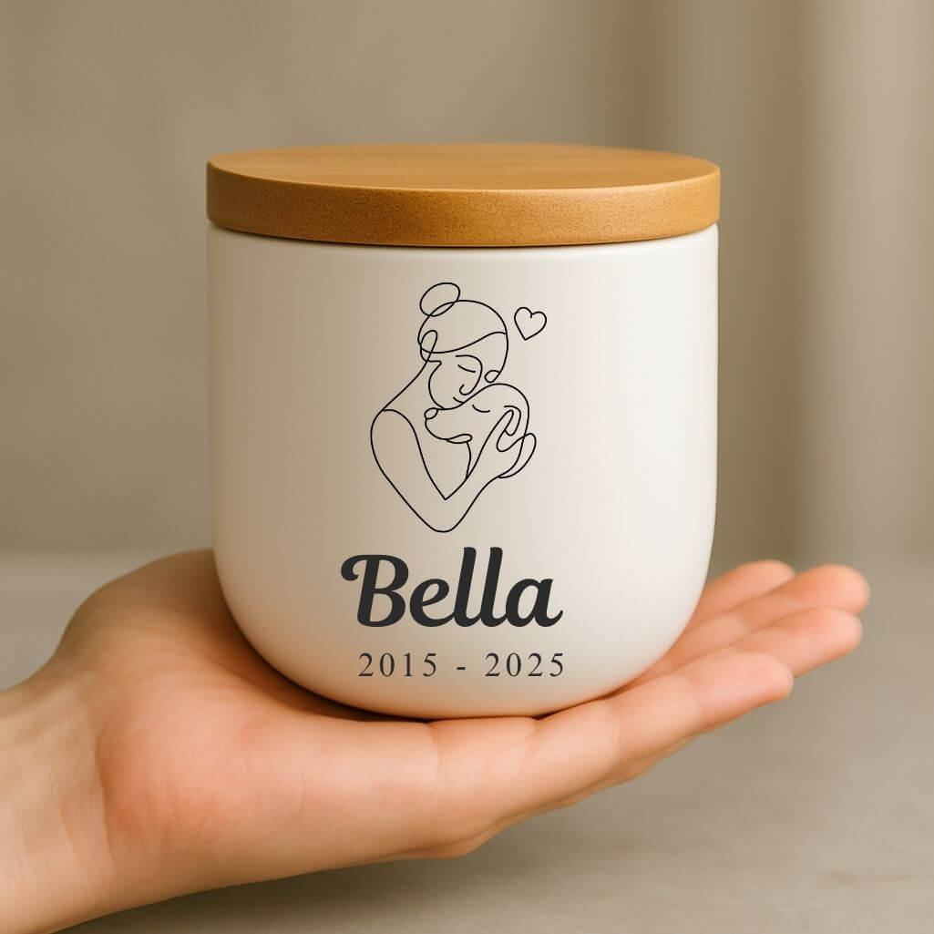Personlig, keramisk hundurna med kvinna- & hundillustration — urna för husdjurskremering med namn & datum