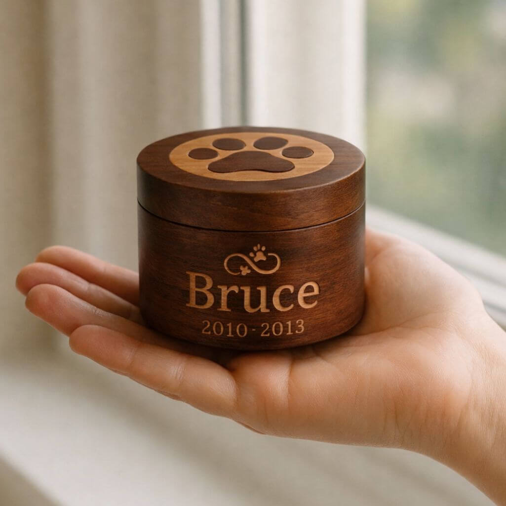 Personlig hundurna i trä med tasshjärta i oändlighetssymbol — husdjursurna med graverade namn & datum