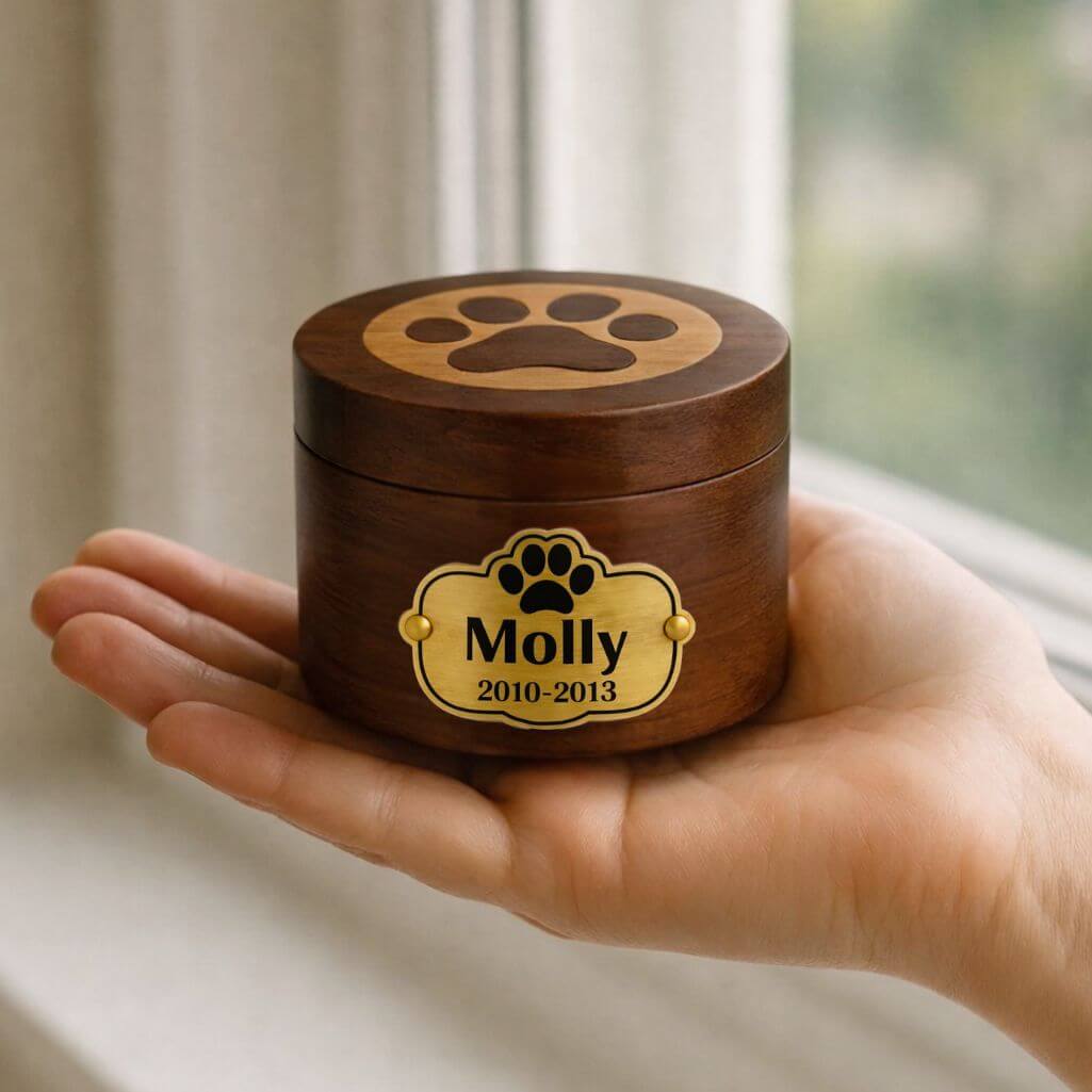 Personlig hundurna i trä med aluminiumplatta — husdjursurna med graverade namn & datum