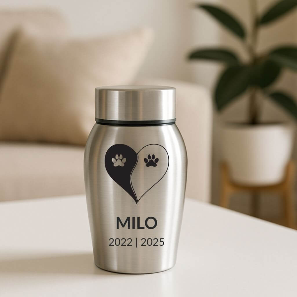 Personlig hundurna i rostfritt stål med namn, datum & tassdesign med yin & yang