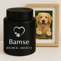 Personlig, cylinderformad hundurna i rostfritt stål med hjärt-tassikon, namn & datum
