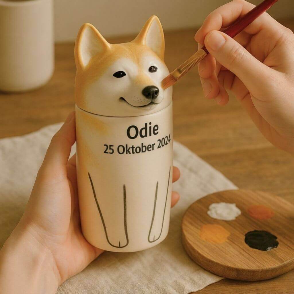 Personlig, handgjord, keramisk hundurna med ras — anpassad minnesurna med målat porträtt & öppna ögon-design