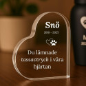 Personlig minnesgåva för hund — hjärtformad minnesplakett i akryl med graverat namn, datum & hyllning