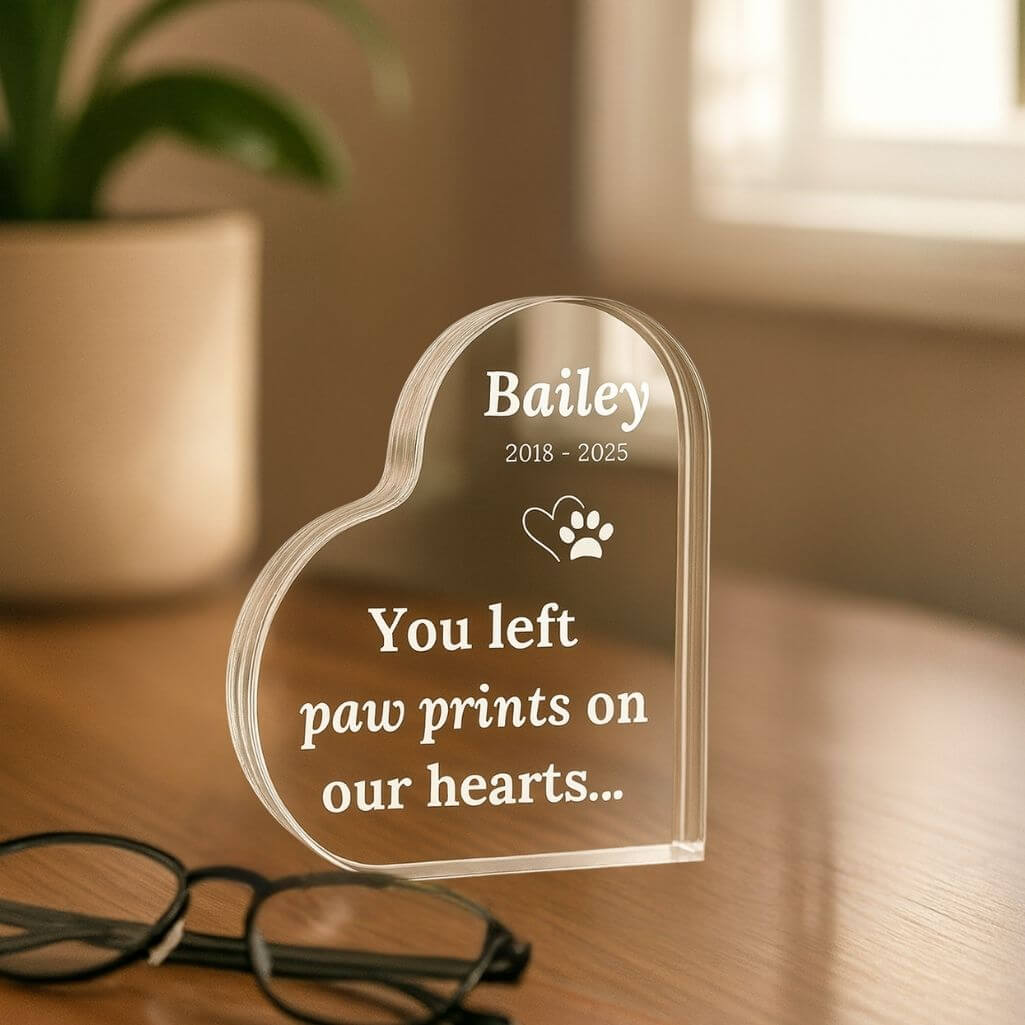 Personalised Dog Memorial Gift –  Heart-Shaped Pet Memorial Acrylic Plaque with Engraved Name, Dates & Tribute