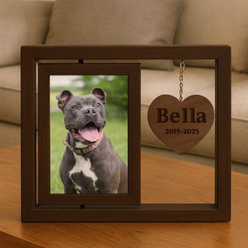 Personalised Wooden Dog Memorial Photo Frame – 360° Rotating Engraved Pet Tribute with Name & Dates