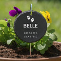 Personlig, rund gravmarkör för hund med krokpåle i metall — minnesplakett i skiffer för trädgården med namn, datum & hyllning