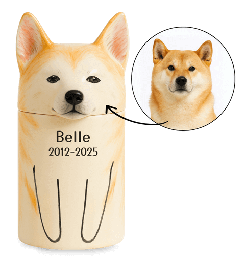 Personalised Handmade Ceramic Dog Urn by Breed – Custom Memorial Urn with Painted Portrait & Open Eyes  Design